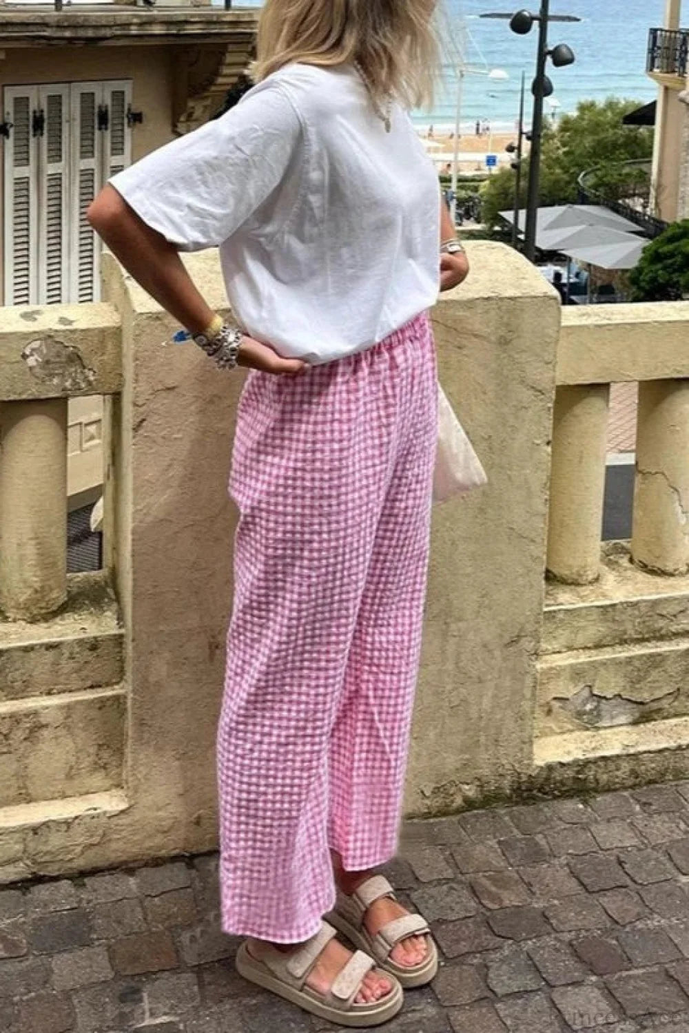 Gingham Print Elastic Waist Drawstring Lounge Pant pant-250223