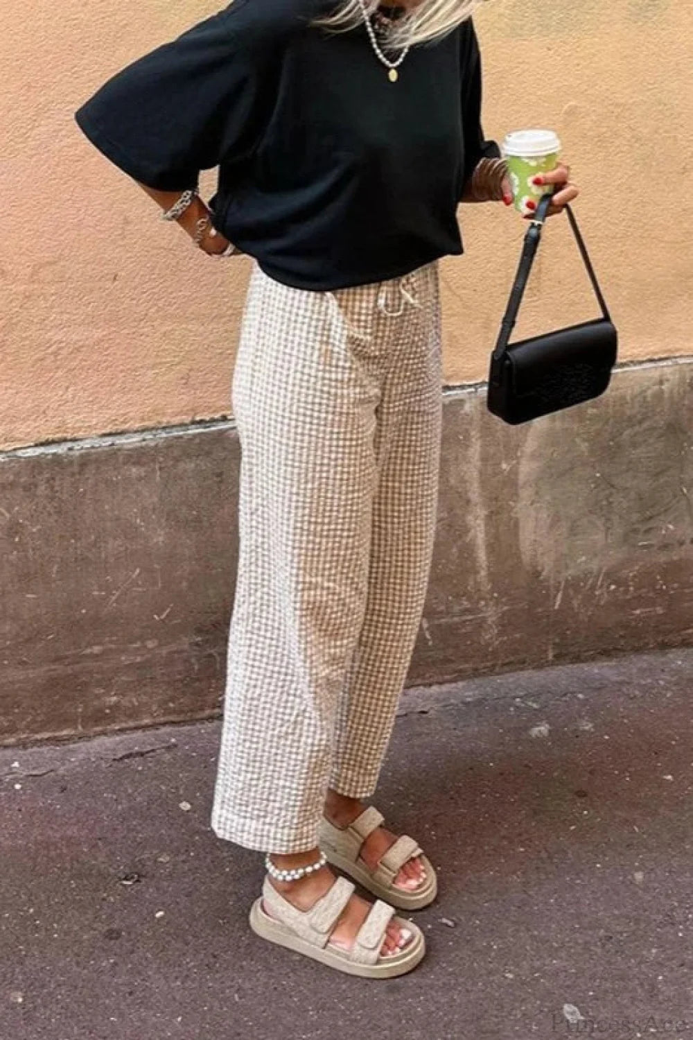 Gingham Print Elastic Waist Drawstring Lounge Pant Khaki / S pant-250223