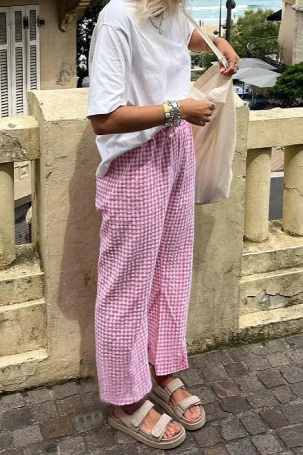 Gingham Print Elastic Waist Drawstring Lounge Pant Pink / S pant-250223