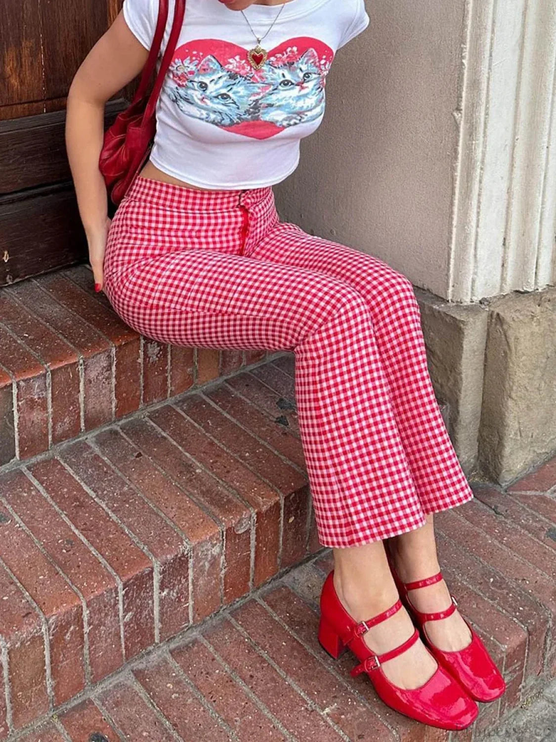 Gingham Red High Waist Flare Plaid Pant pant-250223