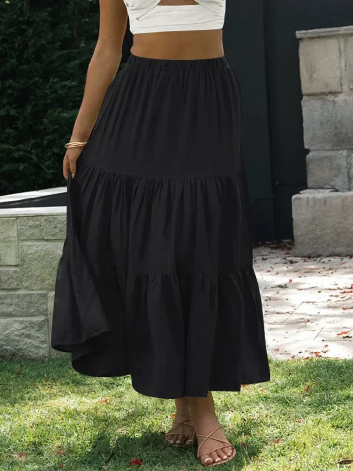 Gingham Tiered Patchwork Skirt Black / S