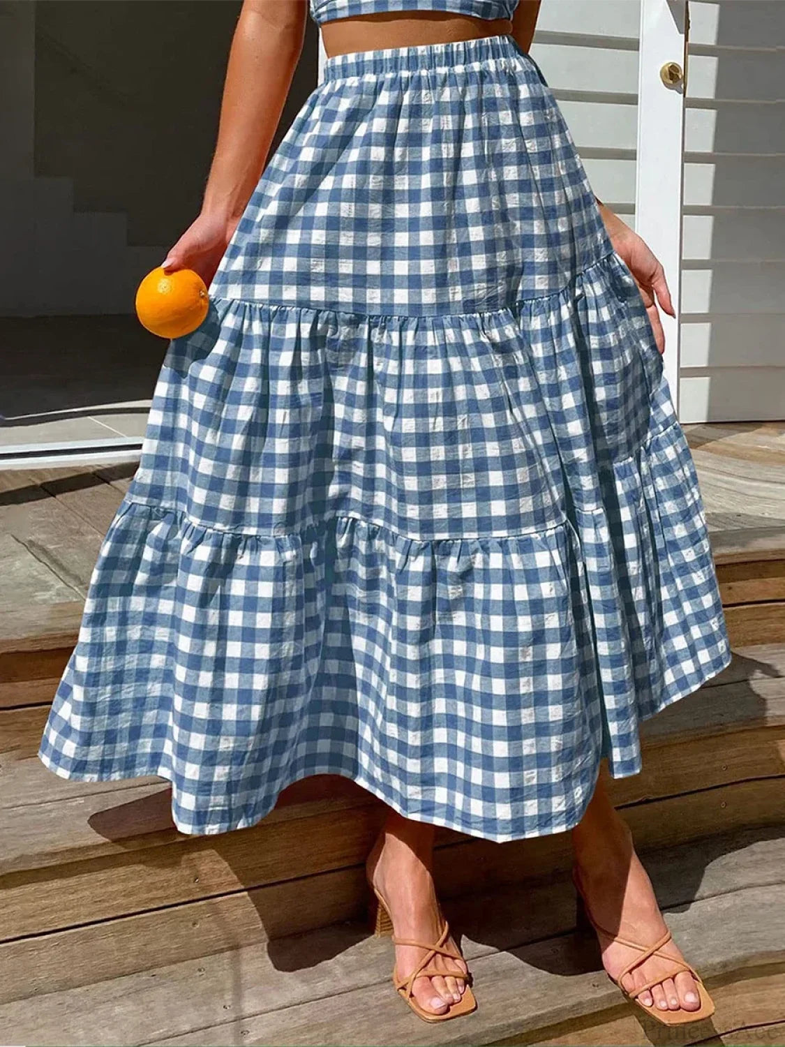 Gingham Tiered Patchwork Skirt Deep Blue / S