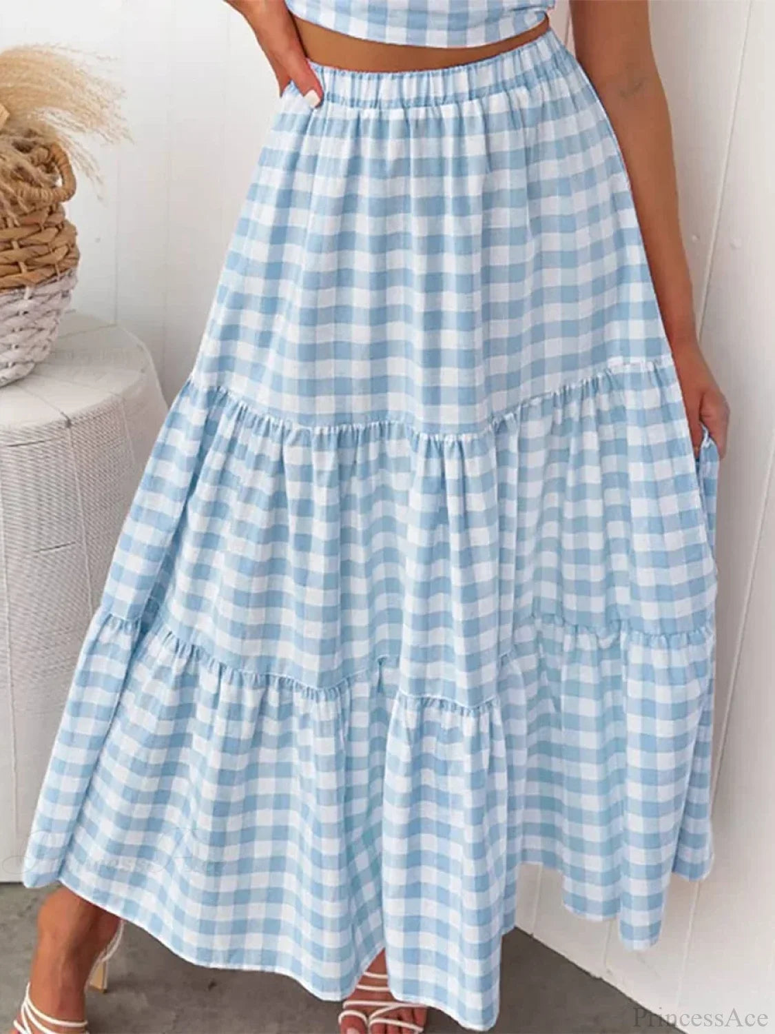 Gingham Tiered Patchwork Skirt Light Blue / S