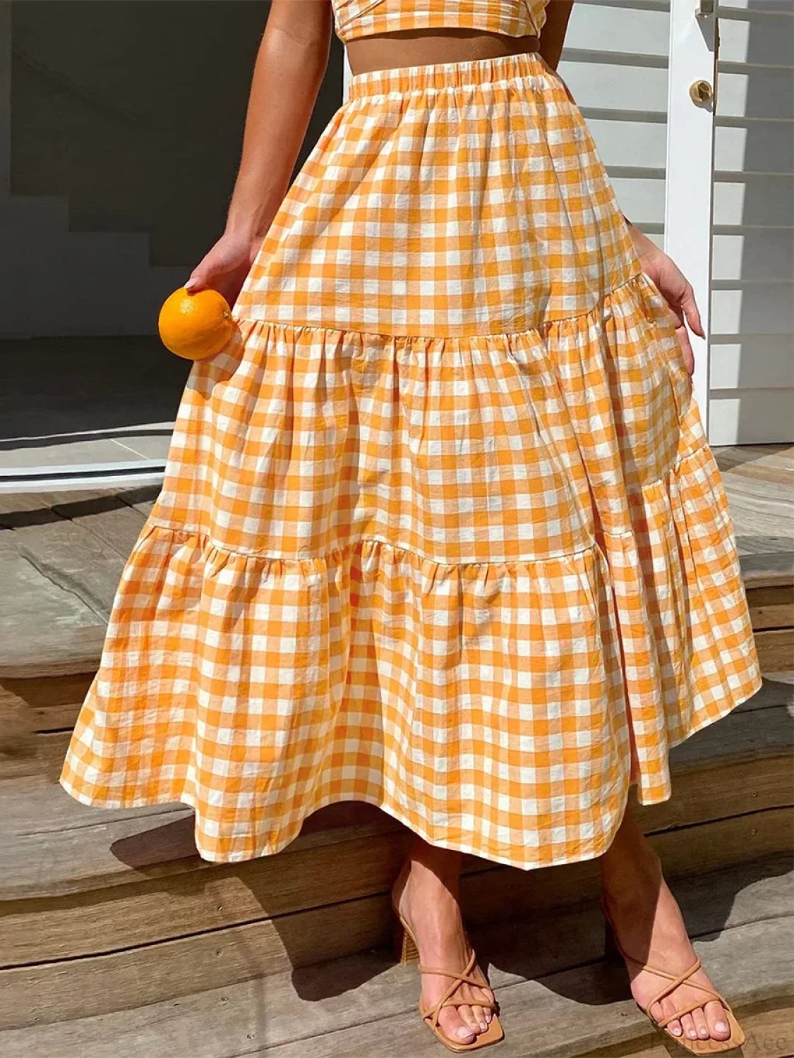 Gingham Tiered Patchwork Skirt Yellow / S