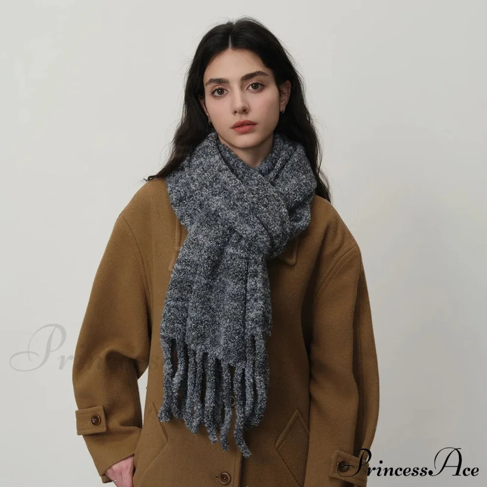 Glacier Blue Knitted Wool Scarf With Tassels For Women Black-Gray Gradient / L215Cm W27Cm Scarfs-L