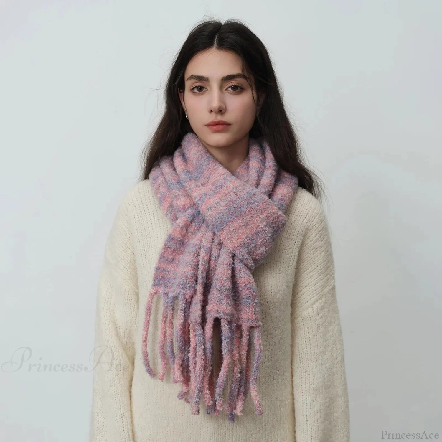 Glacier Blue Knitted Wool Scarf With Tassels For Women Cherry Grey / L215Cm W27Cm Scarfs-L