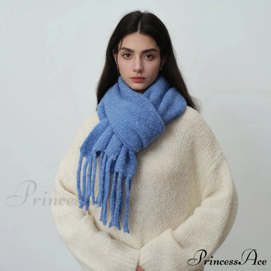 Glacier Blue Knitted Wool Scarf With Tassels For Women Deep Blue / L215Cm W27Cm Scarfs-L