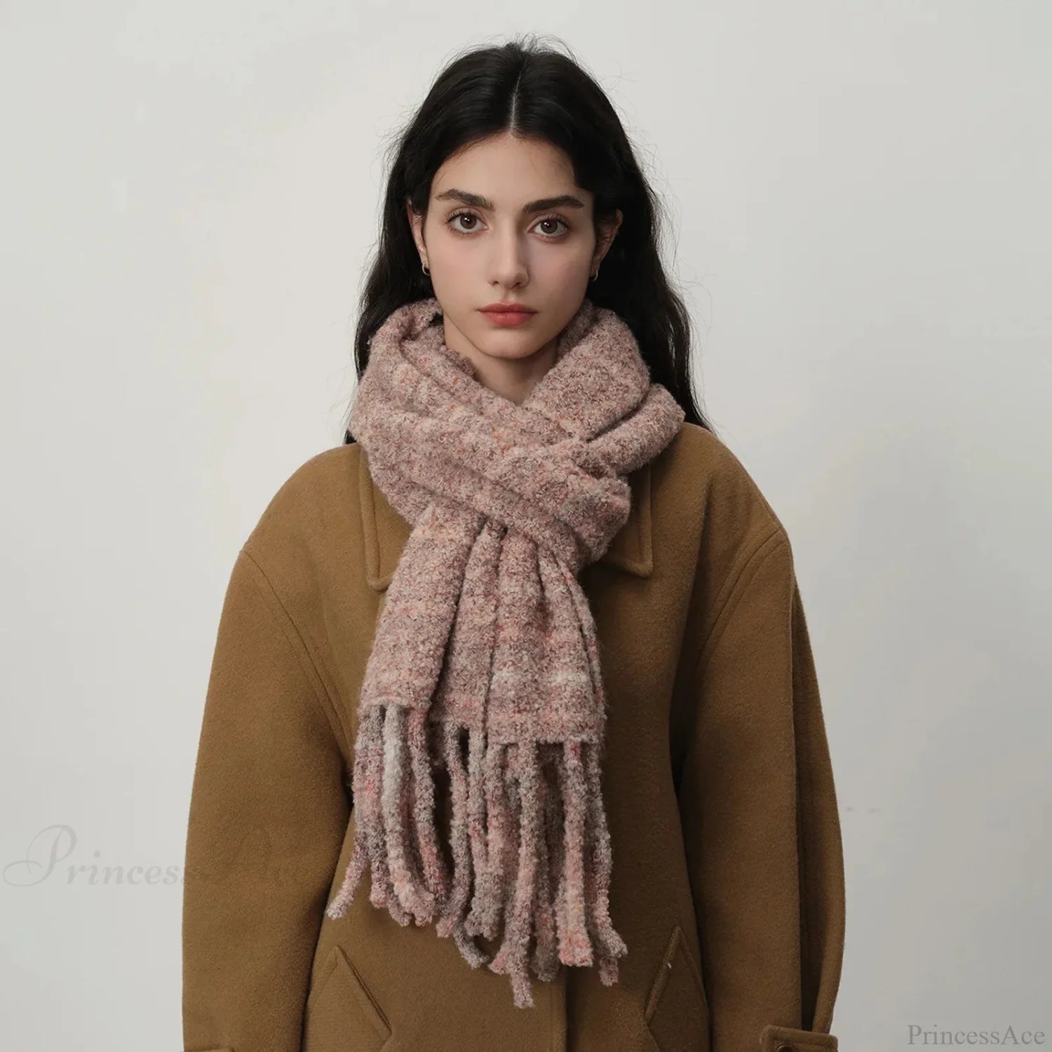 Glacier Blue Knitted Wool Scarf With Tassels For Women Milk Tea Coffee / L215Cm W27Cm Scarfs-L