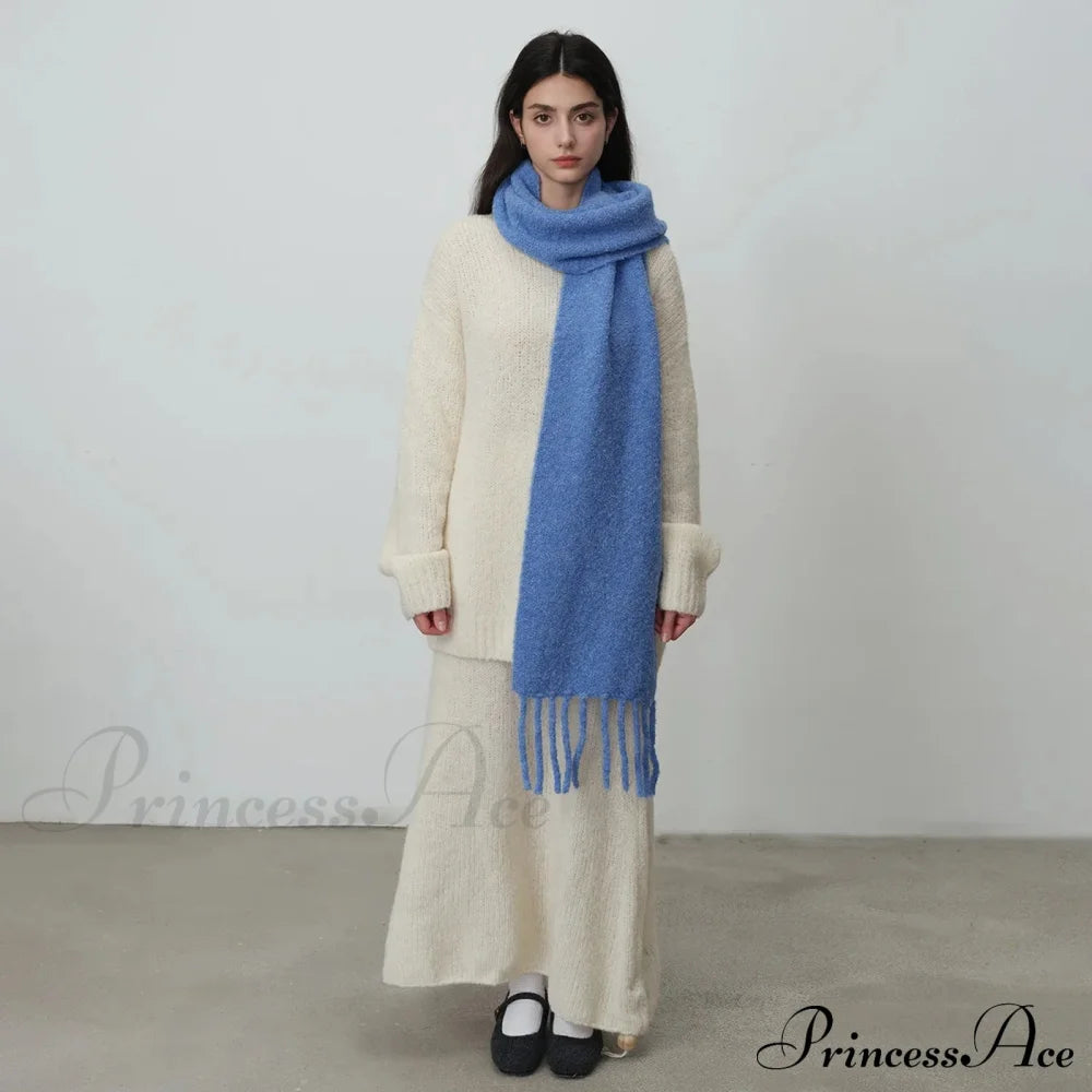 Glacier Blue Knitted Wool Scarf With Tassels For Women Scarfs-L