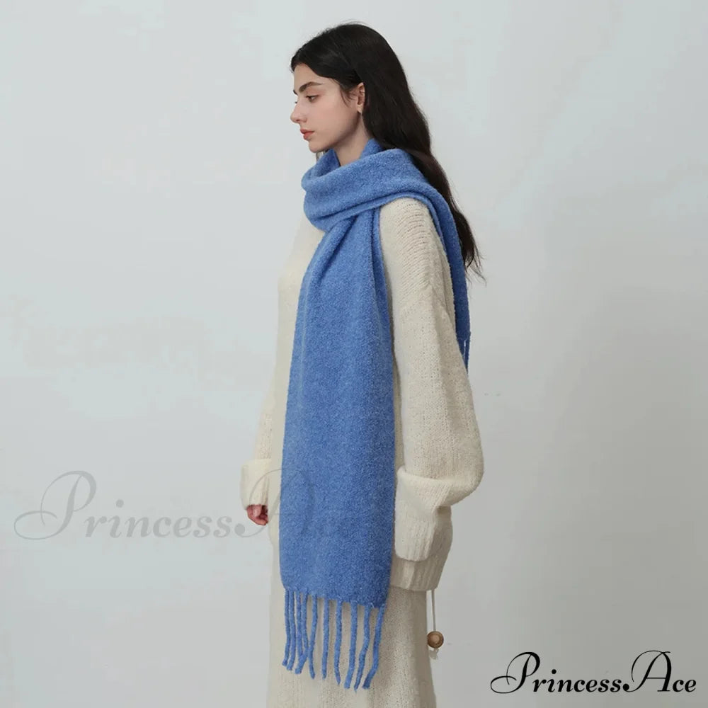 Glacier Blue Knitted Wool Scarf With Tassels For Women Scarfs-L