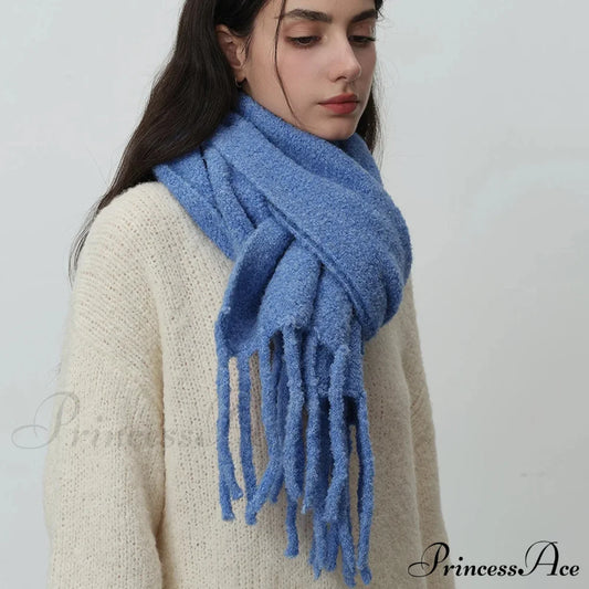 Glacier Blue Knitted Wool Scarf With Tassels For Women Scarfs-L