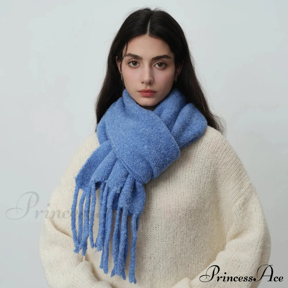 Glacier Blue Knitted Wool Scarf With Tassels For Women Scarfs-L