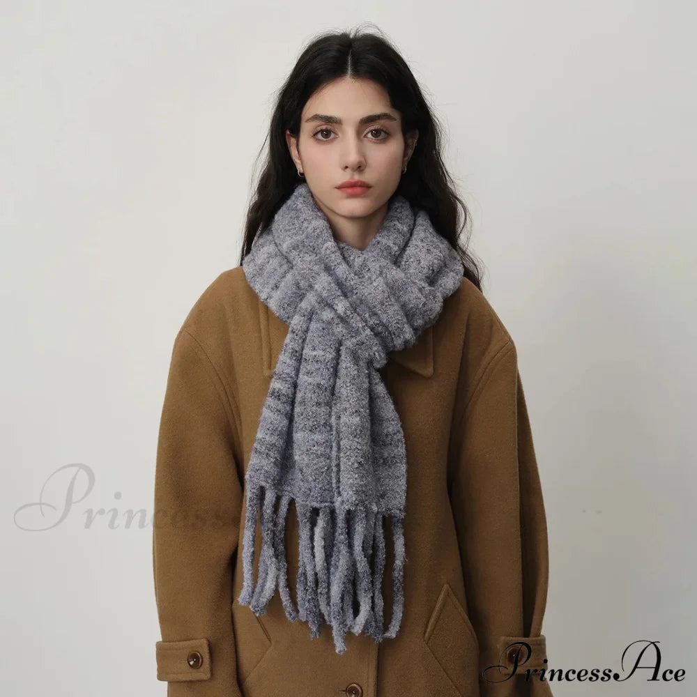 Glacier Blue Knitted Wool Scarf With Tassels For Women White-Gray Gradient / L215Cm W27Cm Scarfs-L