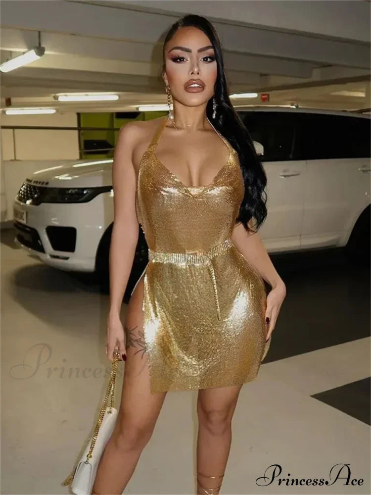 Glitter Backless Bodycon Mini Dress Gold / S