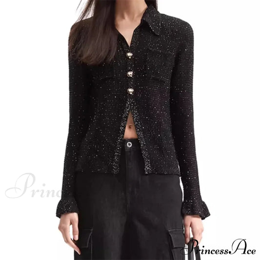 Glitter Blended Slim Fit Knit Cardigan Black / S Cardigan-241208