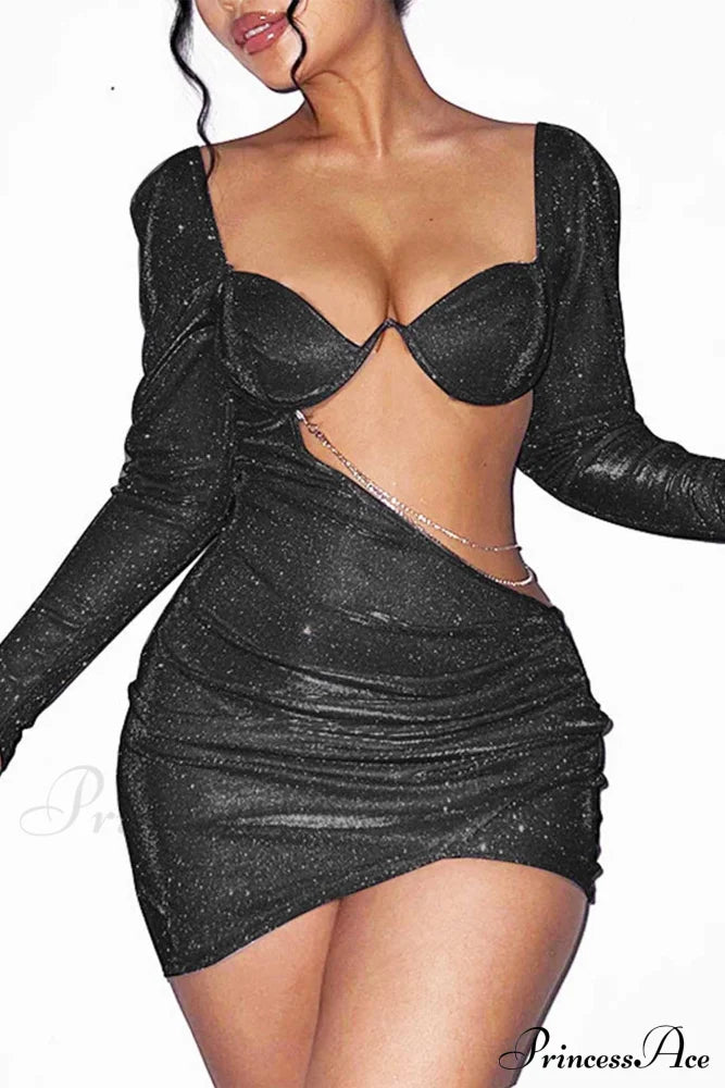 Glitter Chain Long Sleeve Ruched Mini Dress Black / L Dresses