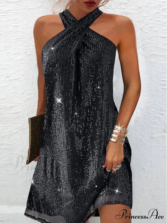 Glitter Elegant Halterneck Dress Black / S Dresses