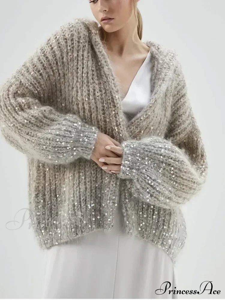 Glitter Hooded Long Sleeve Cardigan Gray / S Cardigan-241208