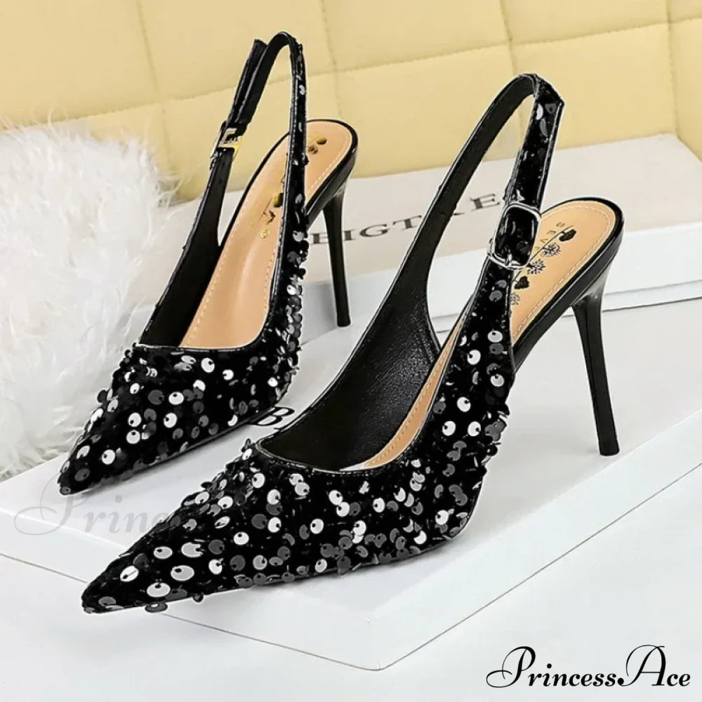 Glitter Luxury Pointed Toe Pumps Golden Thin Heels Sexy Slingback Sandals High Heel