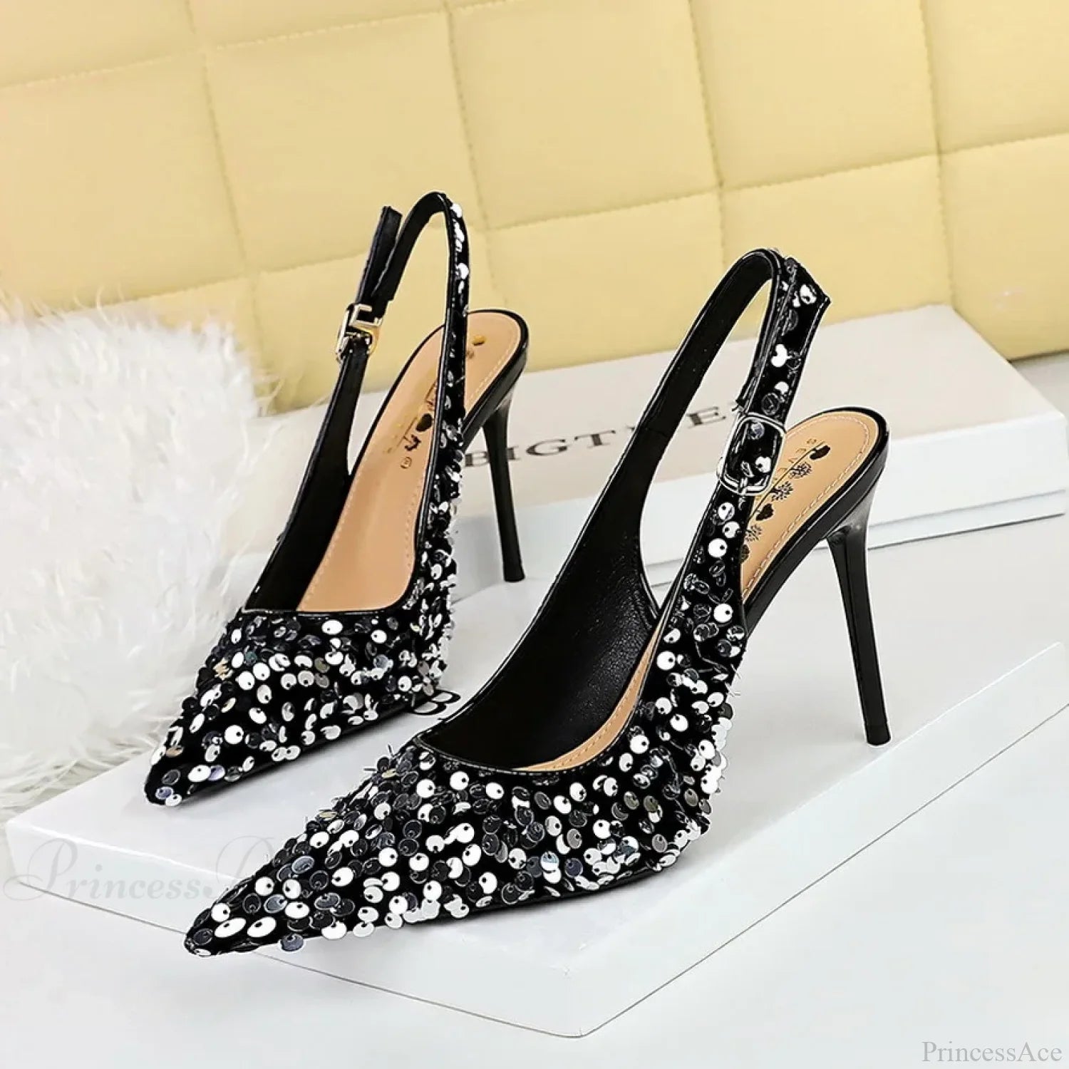 Glitter Luxury Pointed Toe Pumps Golden Thin Heels Sexy Slingback Sandals High Heel