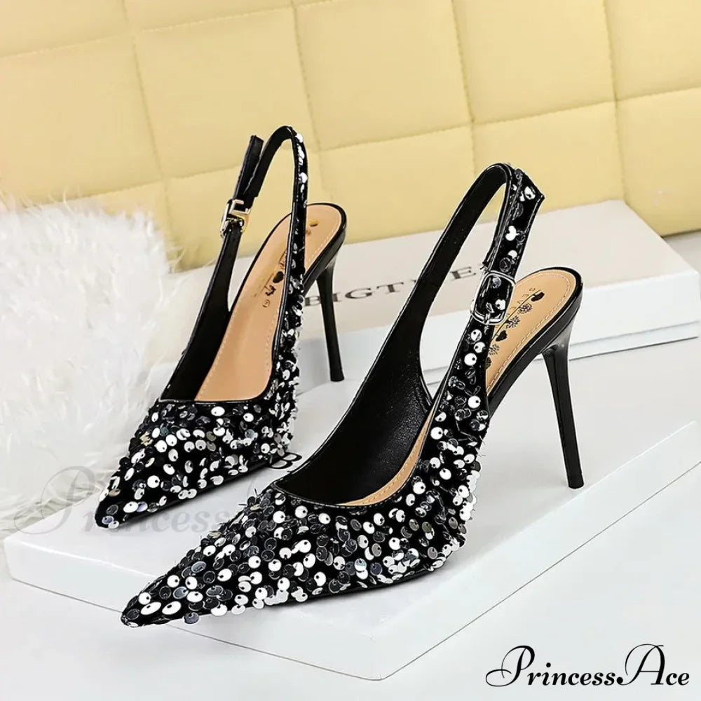 Glitter Luxury Pointed Toe Pumps Golden Thin Heels Sexy Slingback Sandals High Heel