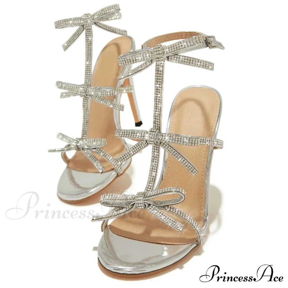 Glitter Rhinestone Bowknot Gladiator Thin High-Heels Sandals Sexy Open-Toe Party Dress High Heel