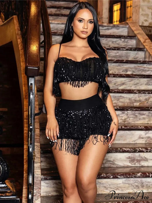 Glitter Sequin 2 Piece Outfits Sleeveless Camisole Top Tassel Bodycon Sets Short Black / S