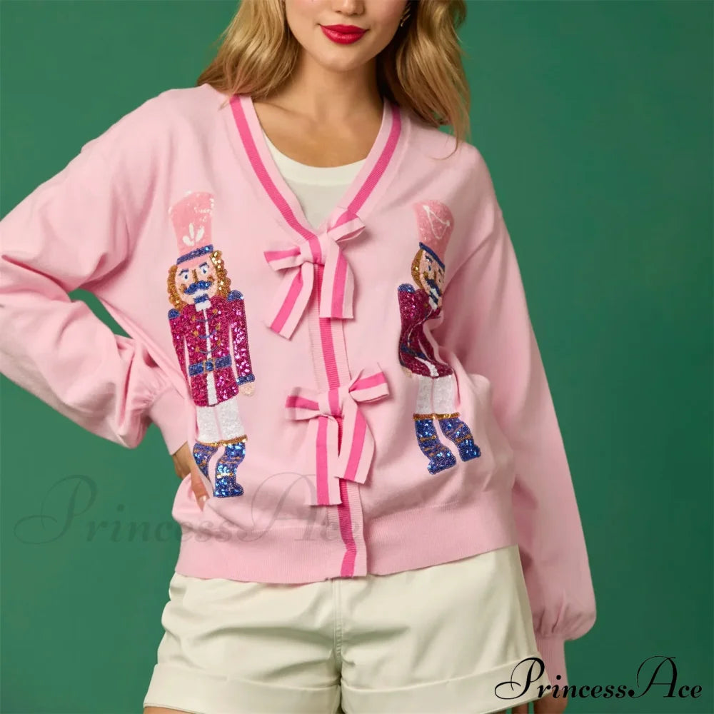 Glitter Sequin Soldier Pattern Cardigan Pink / S Cardigan-241208