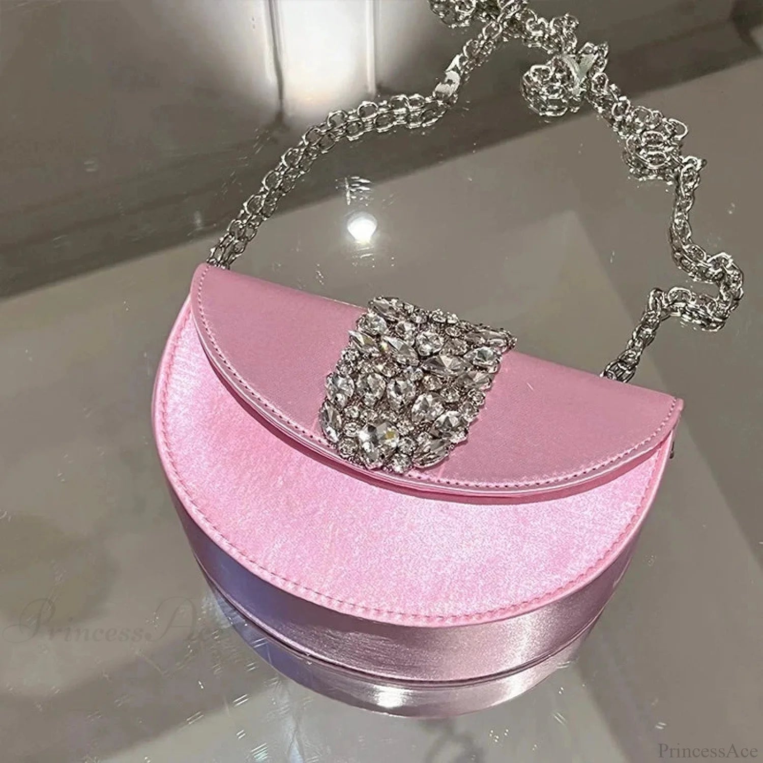 Glittering Crystal Satin Evening Clutch Wedding Purse Pink 19cm clutchbag-250126