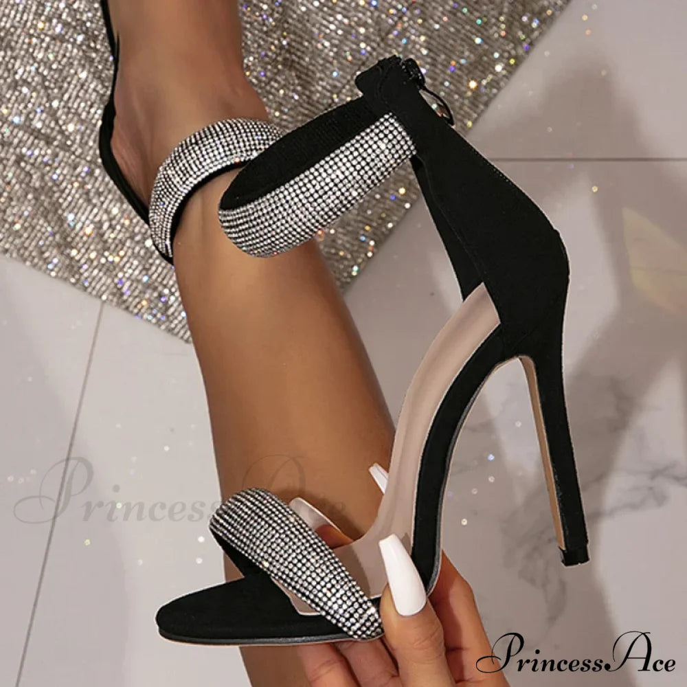 Glittering Rhinestone Zip-Wrap Sandals Transparent Sexy Open-Toe Summer Party High Heel