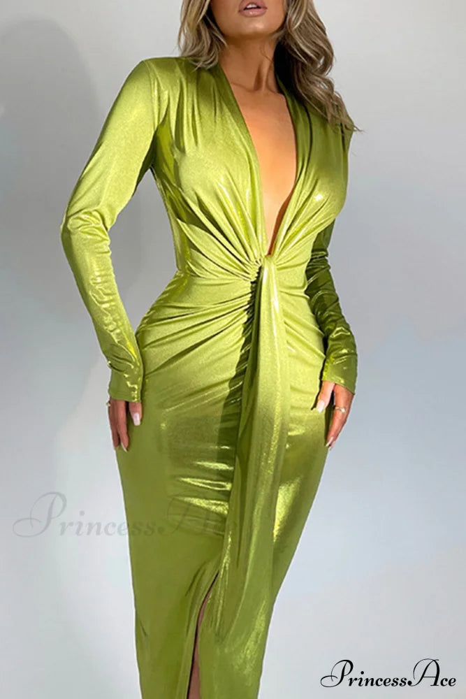 Glossy V Neck Ruched Slit Dress Green / L Midi Dresses