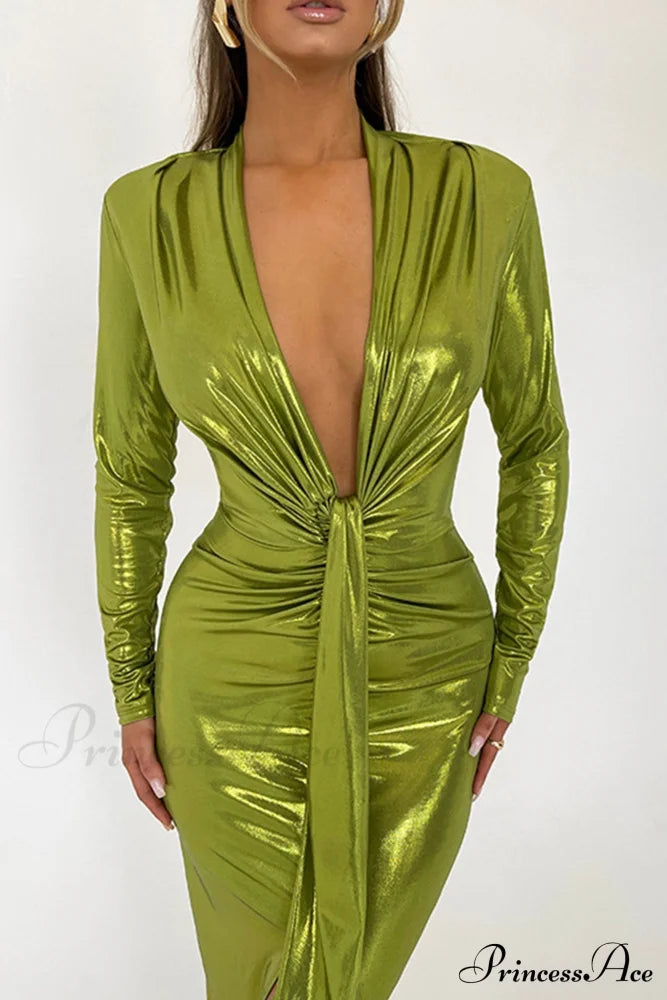 Glossy V Neck Ruched Slit Dress Green / M Midi Dresses