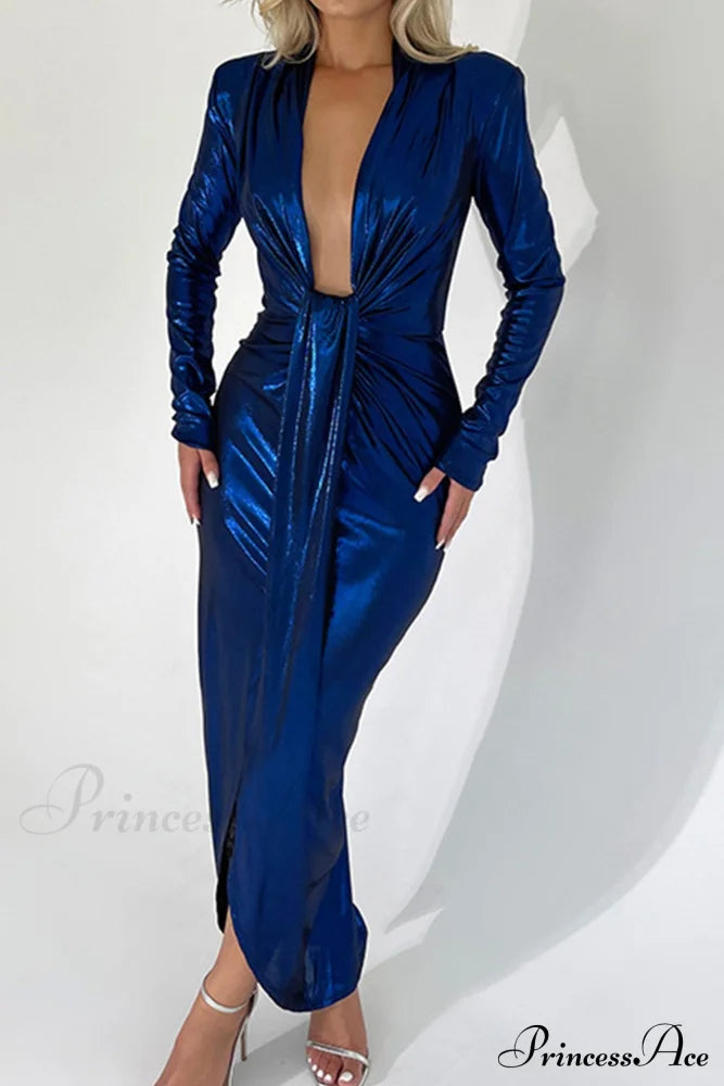 Glossy V Neck Ruched Slit Dress Midi Dresses