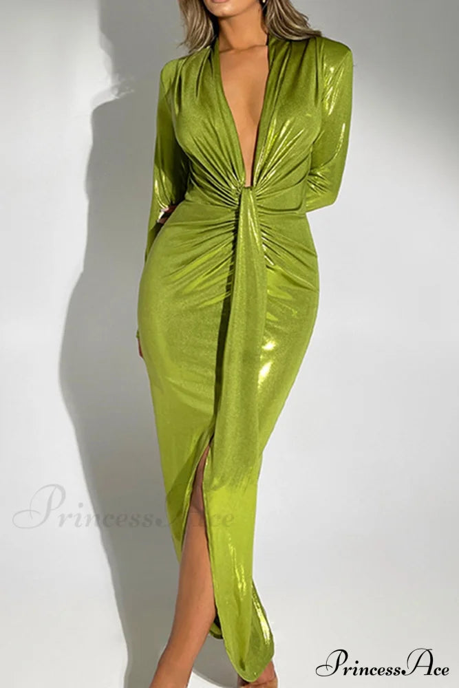 Glossy V Neck Ruched Slit Dress Midi Dresses