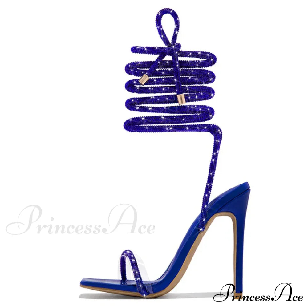 Gold Crystal Ankle Cross-Strap Sexy Open-Toe Club Summer Party Banquet High Heel Blue / 35