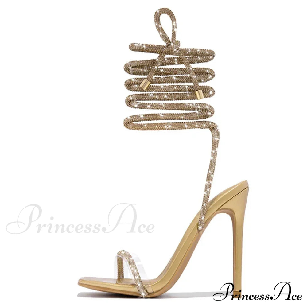 Gold Crystal Ankle Cross-Strap Sexy Open-Toe Club Summer Party Banquet High Heel Golden / 35