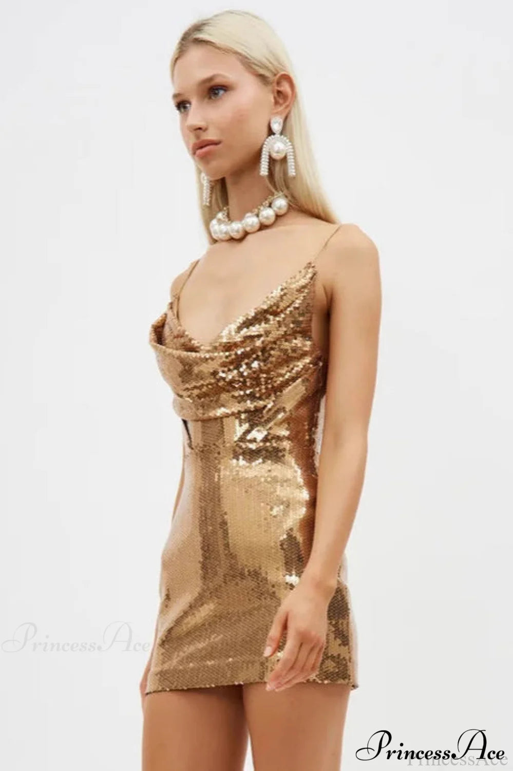 Gold Sequin V Neck Spaghetti Strap Party Dress