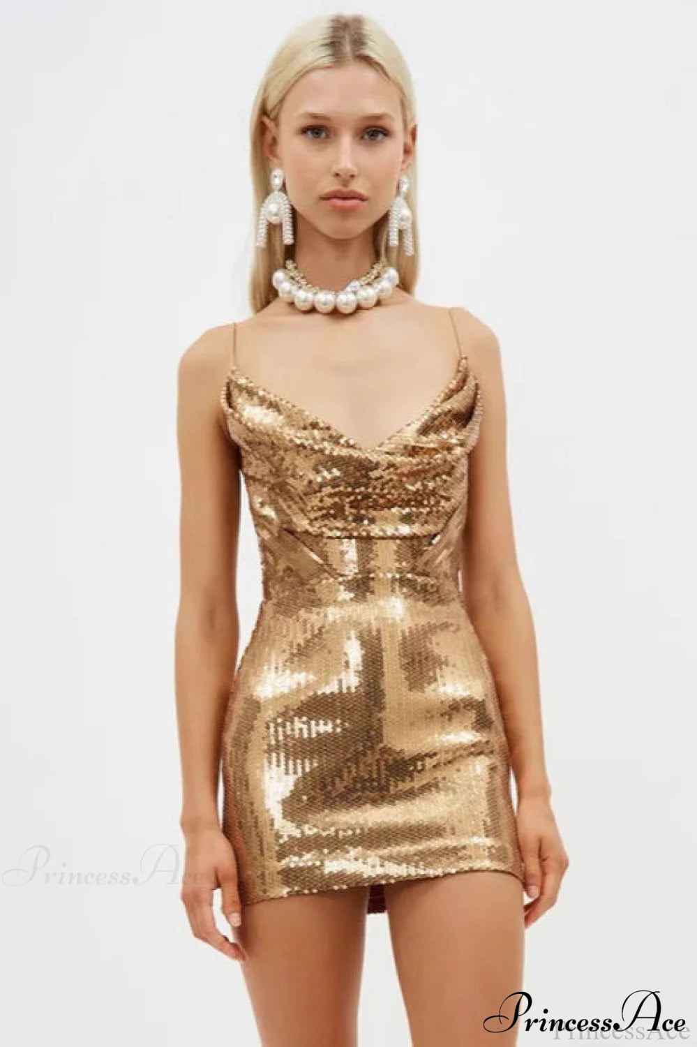 Gold Sequin V Neck Spaghetti Strap Party Dress