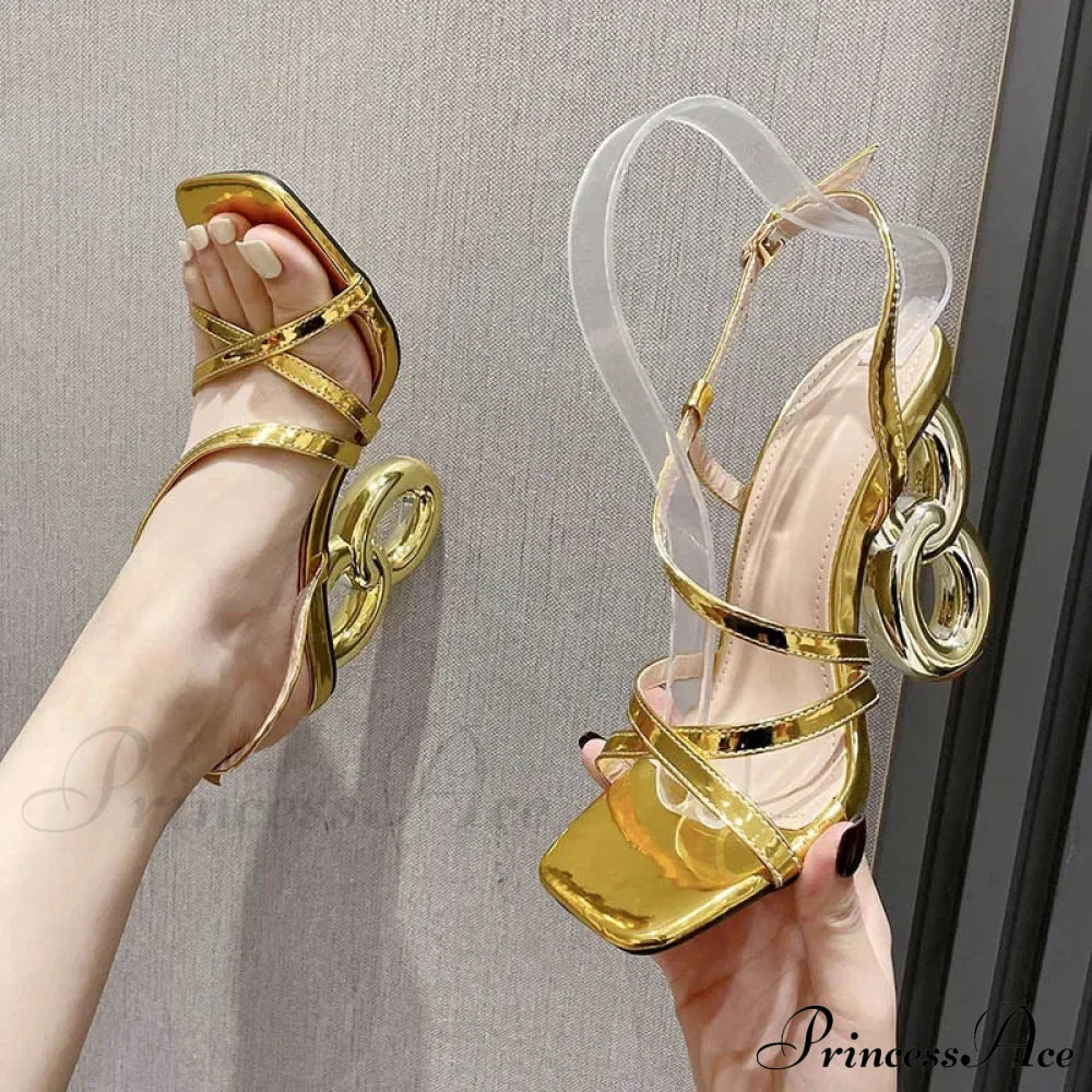 Gold Sexy Strange High Heels Gladiator Narrow Band Square Toebuckle Strap Wedding Banquet Pumps Heel