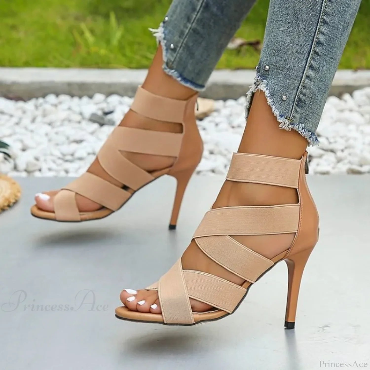 Gold Sexy Strange High Heels Gladiator Narrow Band Square Toebuckle Strap Wedding Banquet Pumps