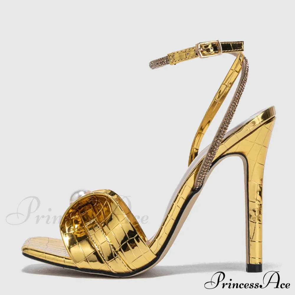 Gold Snake Print Leather Square Toe Crystal Ankle Strap Sandals High Heels Party Dress Shoes - Size