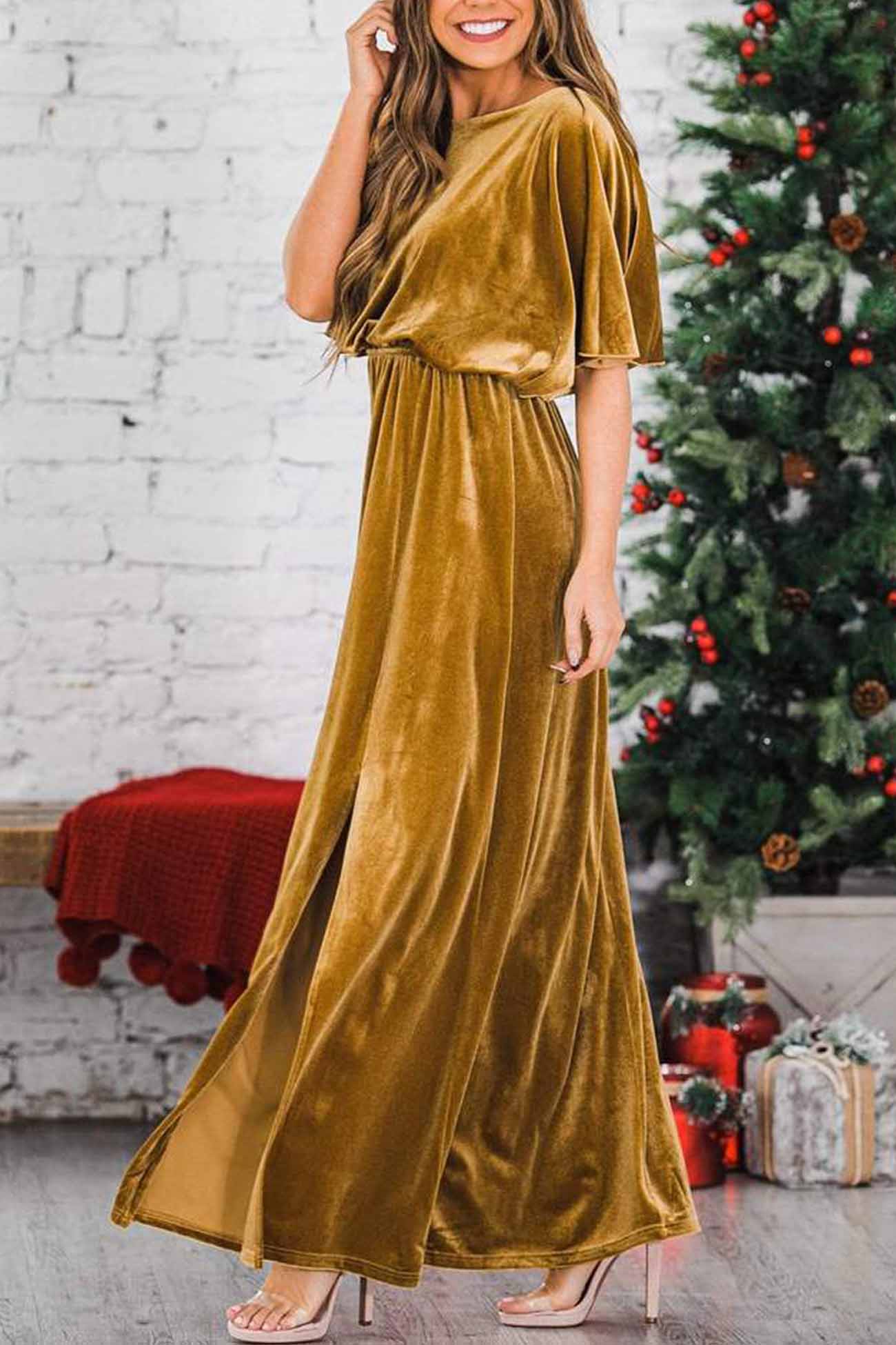 Velvet Crew Neck Midi Dress with High Slit