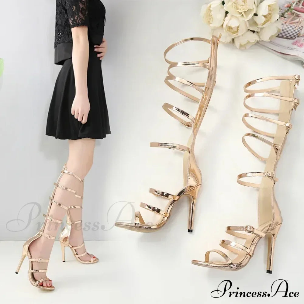 Golden 12Cm Thin High Heels Gladiator Peep Toe Narrow Band Hollow Buckle Zipp Party Heel