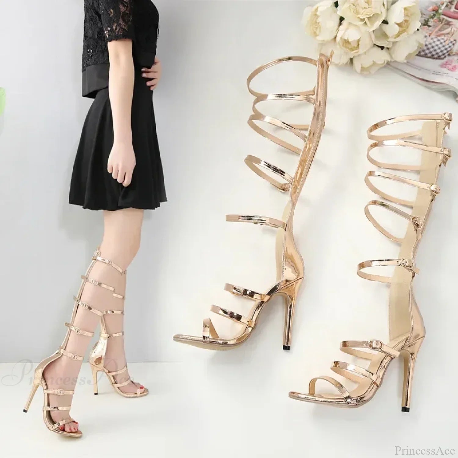Golden 12Cm Thin High Heels Gladiator Peep Toe Narrow Band Hollow Buckle Zipp Party Heel