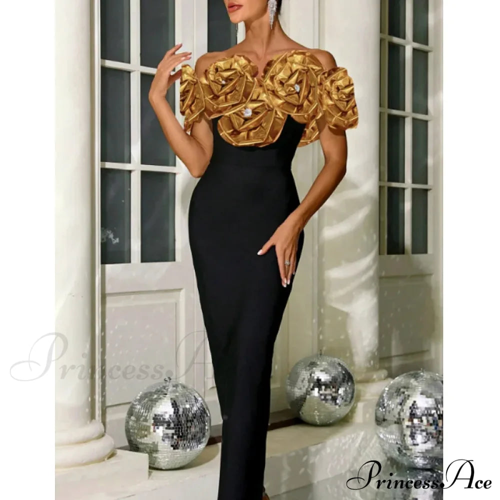 Golden Flower Off-Shoulder Bandage Party Dress / Xs Partydress-241208