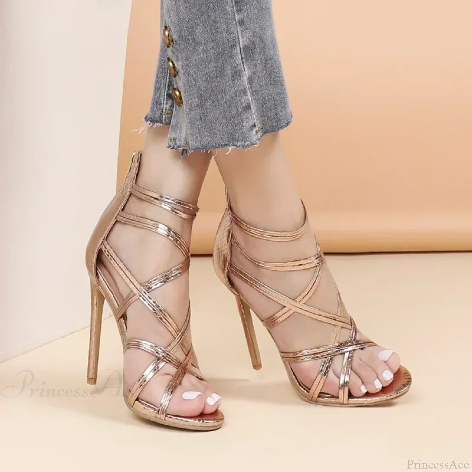 Golden Narrow Band Cross Strap Peep Toe Rear Zipper Thin High Heels Banquet Shoes Heel