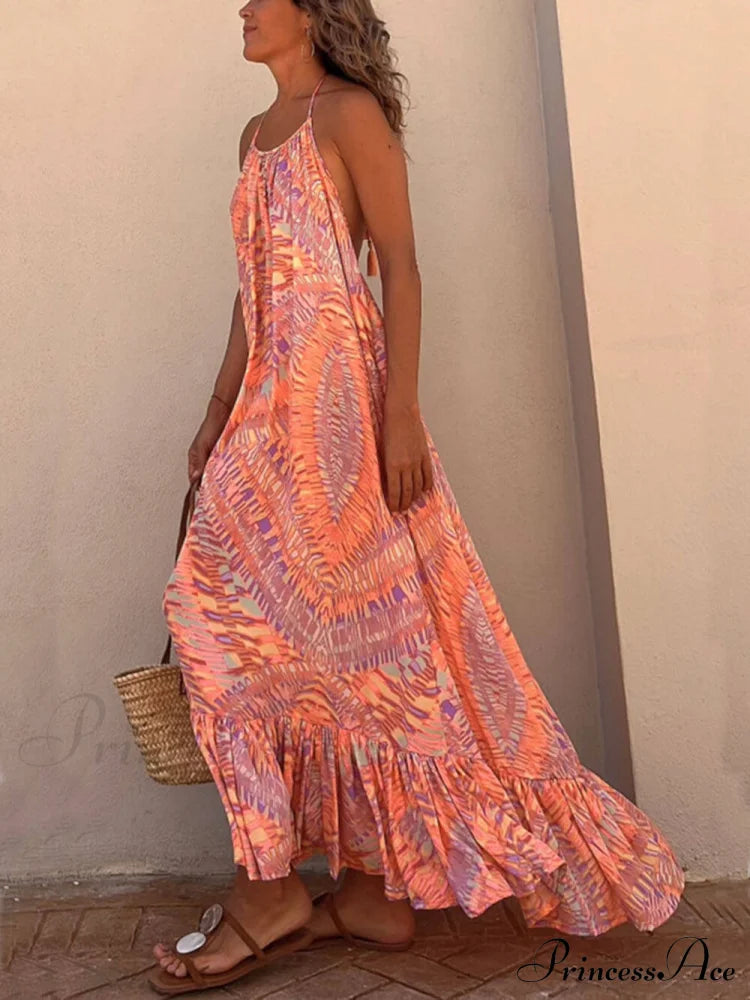 Golden Times Ethnic Print Graceful A-Line Vacation Maxi Dress Dresses