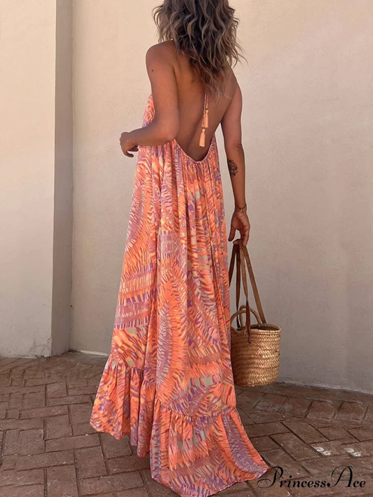 Golden Times Ethnic Print Graceful A-Line Vacation Maxi Dress Dresses