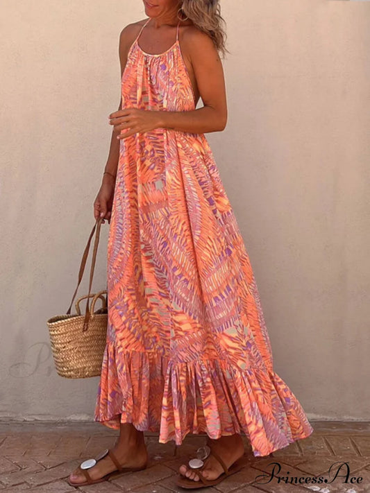 Golden Times Ethnic Print Graceful A-Line Vacation Maxi Dress Multicolor / S Dresses