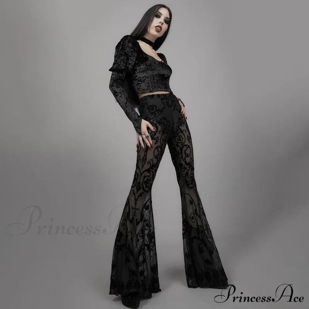 Goth Aesthetic Black Flared Pants Harajuku Sexy See Through Halloween